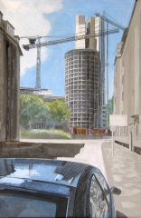 Baustelle Victoriaturm mit Spiegelung, Düsseldorf | 90 x 60 cm | Acryl auf Leinwand