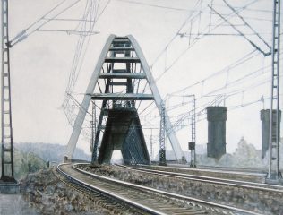 - VERKAUFT - Bahnbrücke Düsseldorf - Neuss | 75 x 95 cm | Acryl auf Leinwand