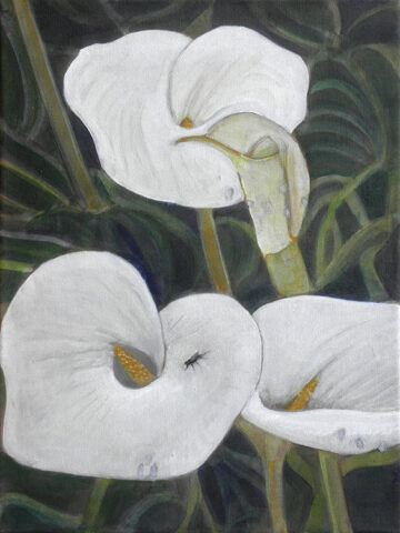 - VERKAUFT - Vanitas-Stilleben Calla mit Fliege | 40 x 30 cm | Acryl auf Leinwand