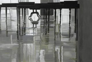 - VERKAUFT- Vitrinen und Spiegelung, Kolumba, Köln | 75 x 110 cm | Acryl auf Leinwand