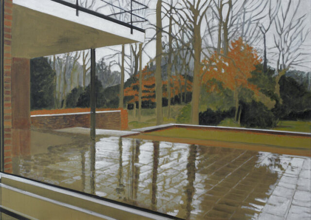 - VERKAUFT - Nässe, Terrasse von Haus Lange, Krefeld | 70 x 100 cm | Acryl auf Leinwand