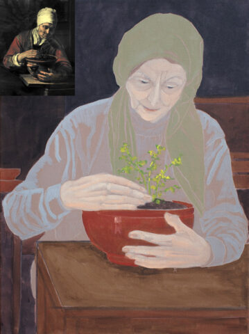 Bildzitat n. Mieris: Die Alte m.d. Blumentopf | 60 x 45 cm | Acryl auf Leinwand