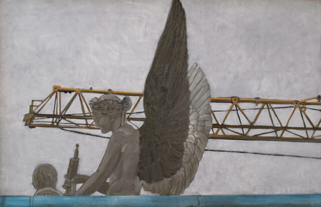 Baustellenengel mit Schützling, Berlin | 40 x 70 cm | Acryl auf Leinwand