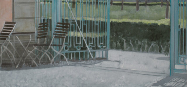 Gitter und Stühle im Park Benrath | 30 x 65 cm | Acryl auf Leinwand