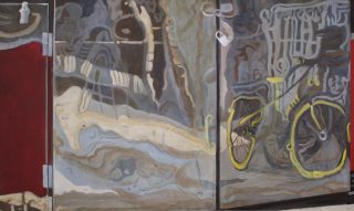 - VERKAUFT - Spiegelung mit Fahrrad | 45 x 75 cm | Acryl auf Leinwand