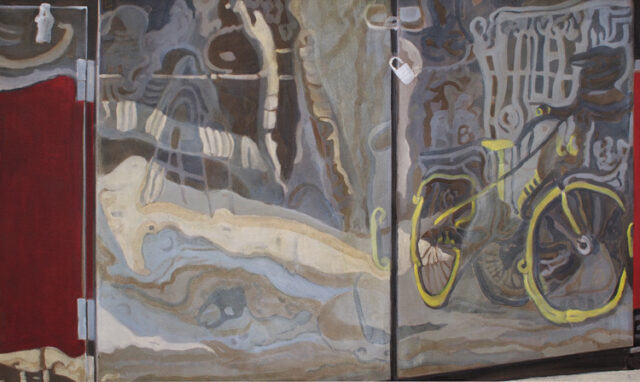 - VERKAUFT - Spiegelung mit Fahrrad | 45 x 75 cm | Acryl auf Leinwand